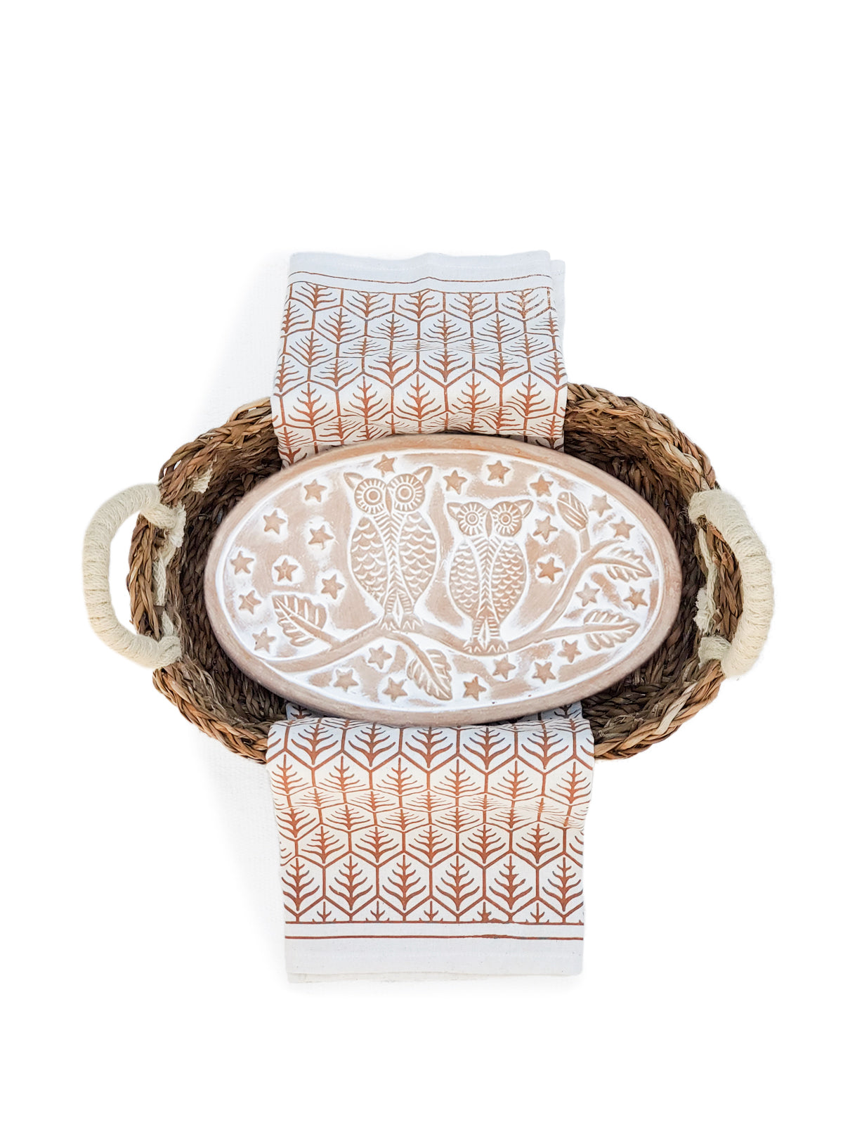 Set de regalo de calentador de pan y cesta con paño de cocina - Búho ovalado