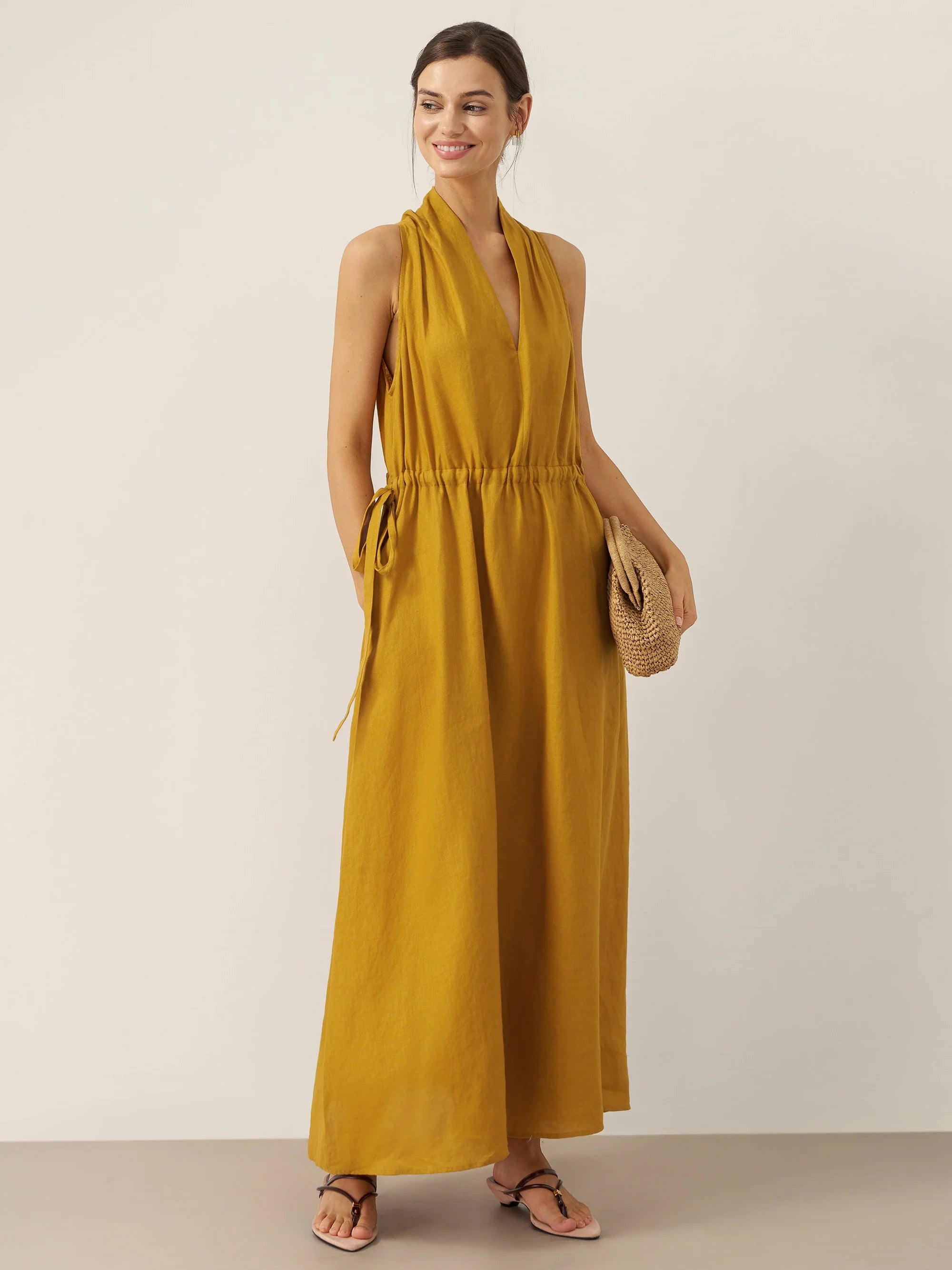 honey yellow maxi dress 100% Linen V-Neck Halter BETH - 's Dresses | S | M | L | XL Magnolia Boutique Women's Long Sleeve Summer Colour:Noir Full Skirt with Pleats