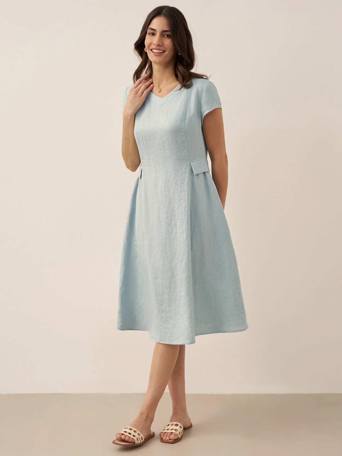 100% Linen Natural Summer V-Neck Dress ALEXA