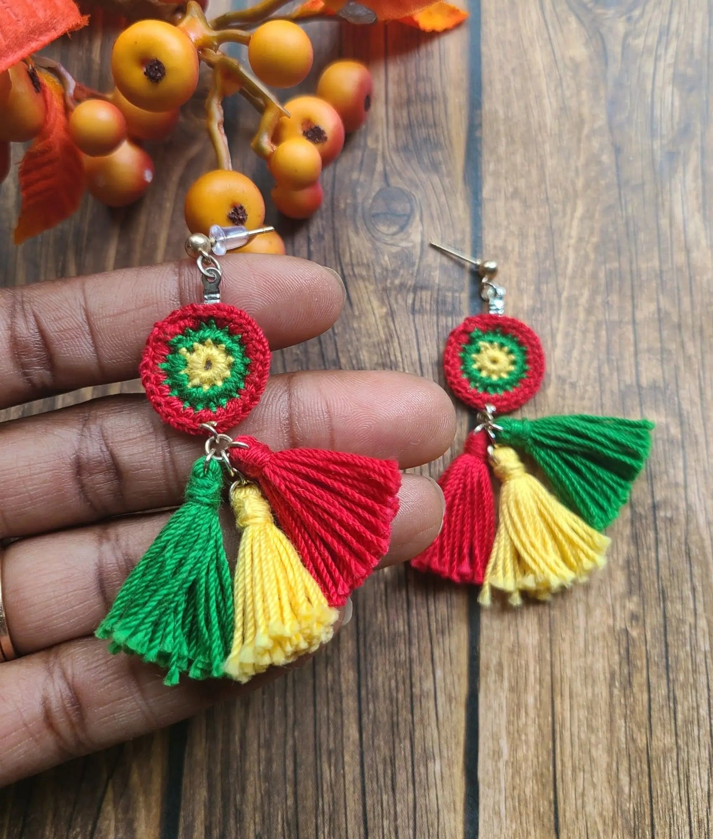 Green, Yellow, Red Tassel Earrings