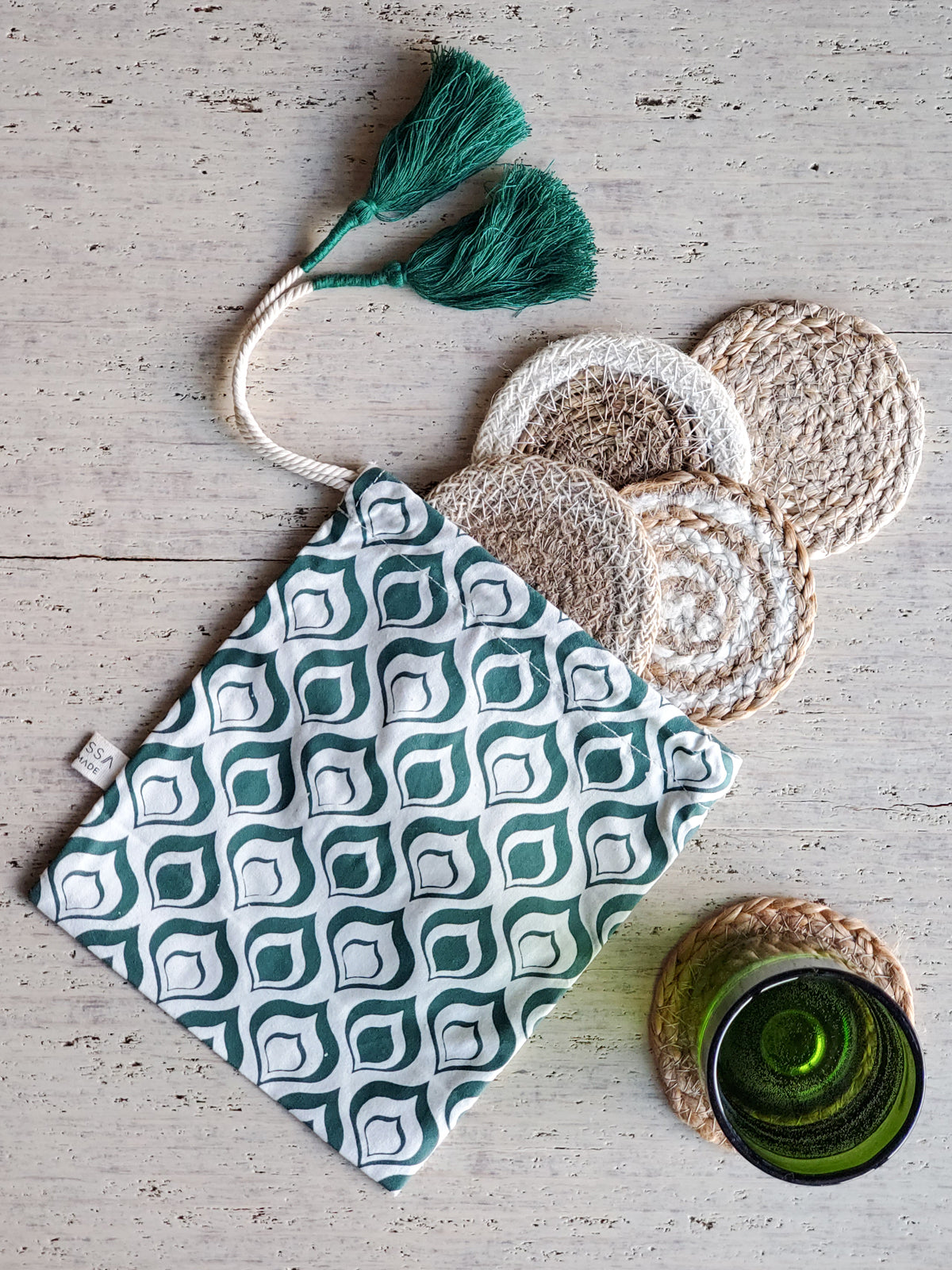 Set de regalo de posavasos naturales con bolsa verde