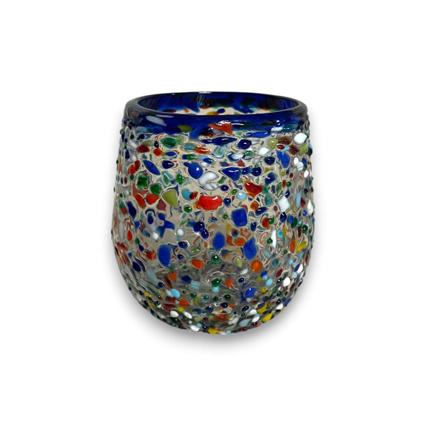 Copa de vino con borde azul y confeti | Copa mexicana sin tallo soplada a mano