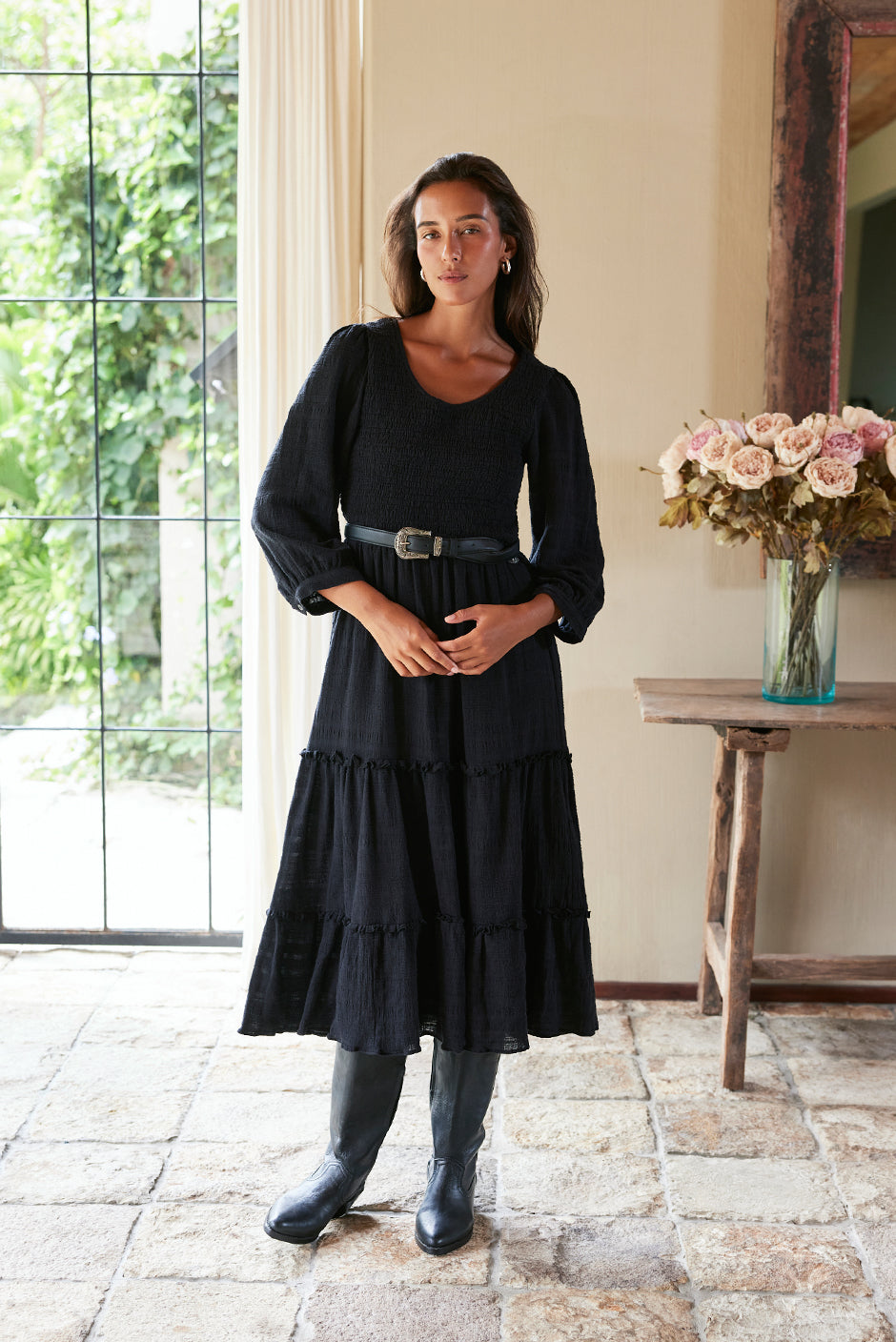 knee length dresses for ladies Paneros Clothing Stella Midi Dress in Black