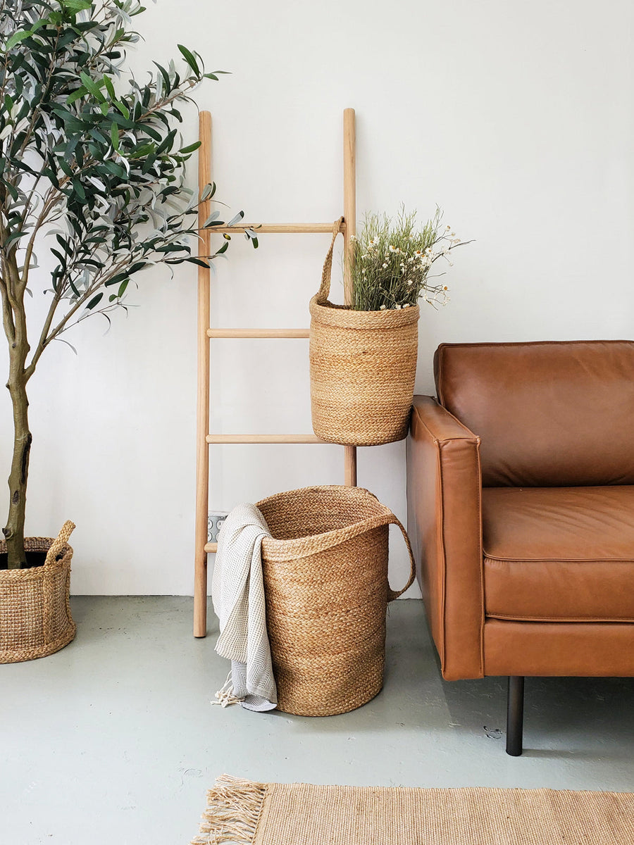 handwoven baskets decorating a timeless living room