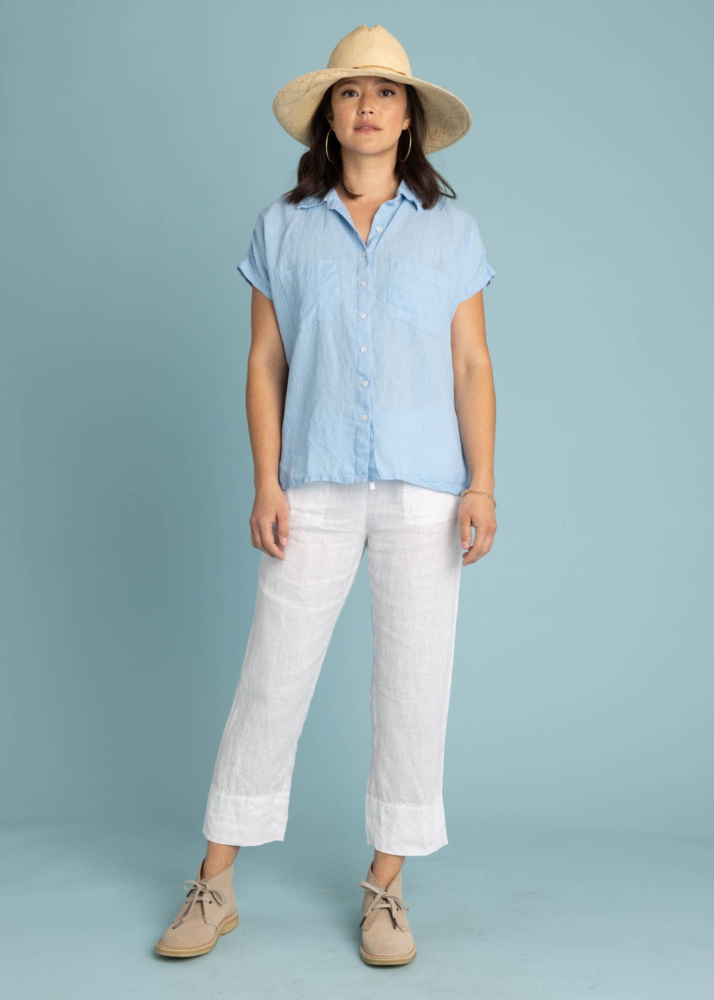 Camisa de lino de manga corta Good Boyfriend - Cielo