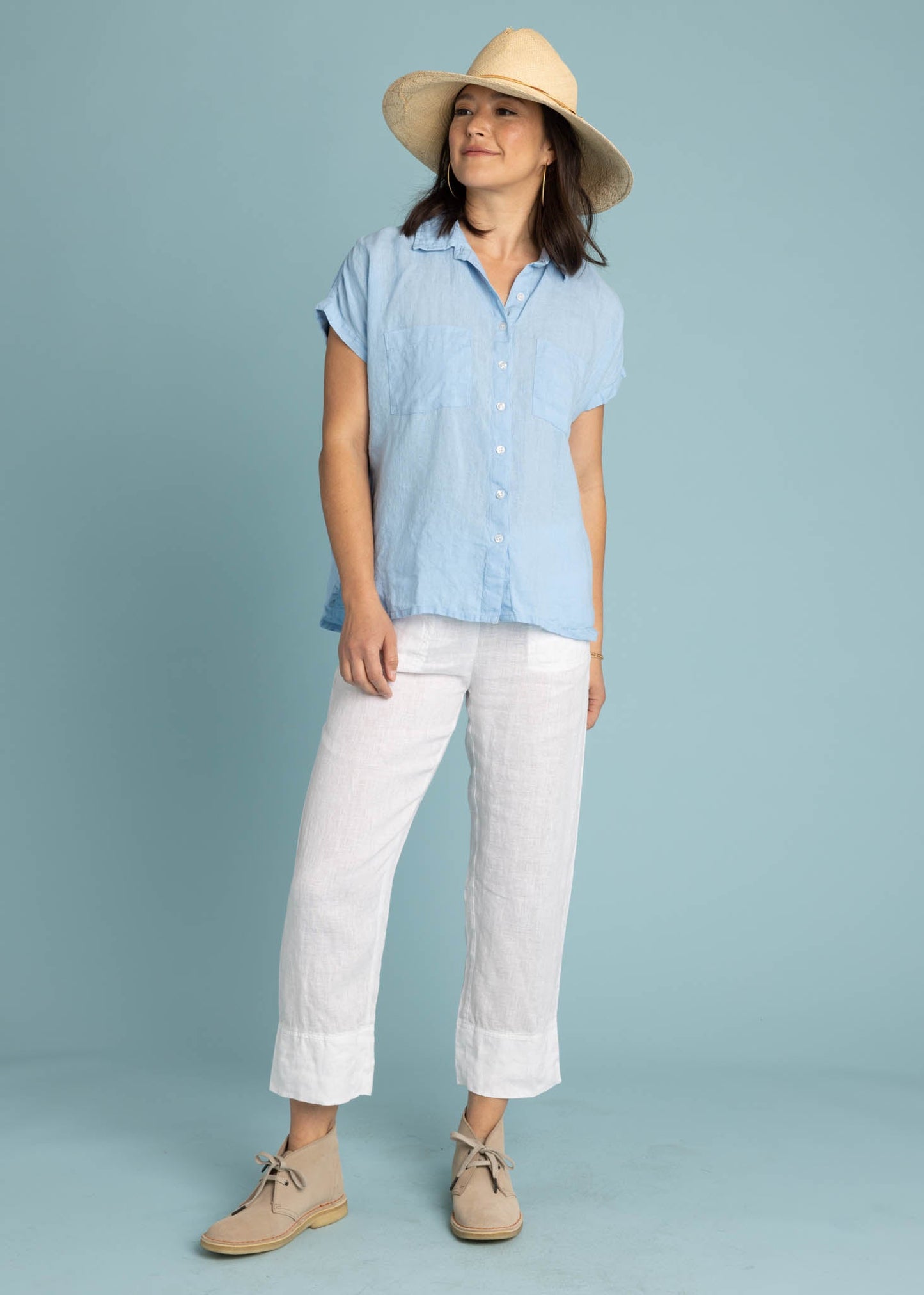 Camisa de lino de manga corta Good Boyfriend - Cielo
