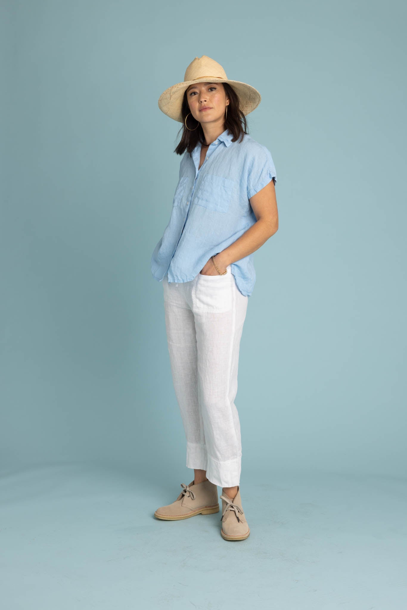 Camisa de lino de manga corta Good Boyfriend - Cielo