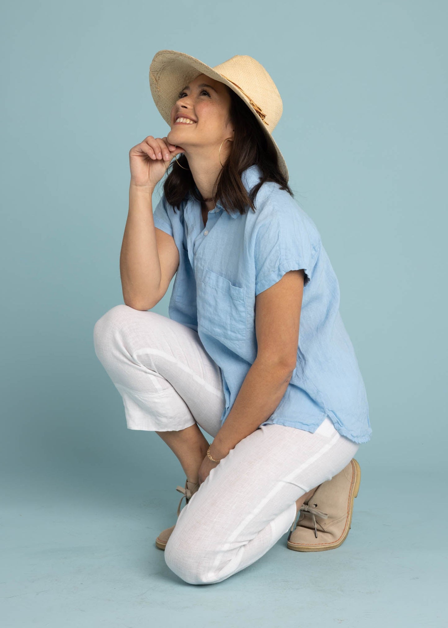 Camisa de lino de manga corta Good Boyfriend - Cielo