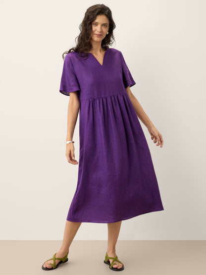 100% Linen Embroidered Cuff Split Neck Midi Dress OCTAVIA