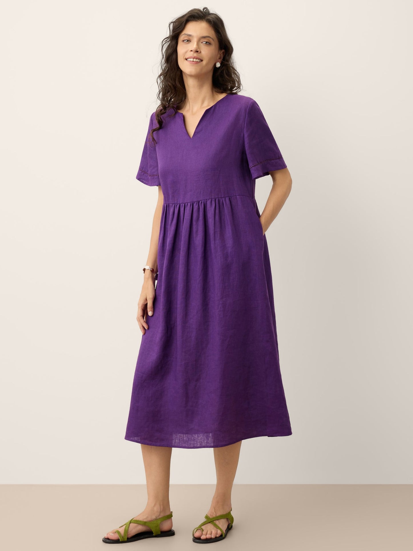 100% Linen Embroidered Cuff Split Neck Midi Dress OCTAVIA