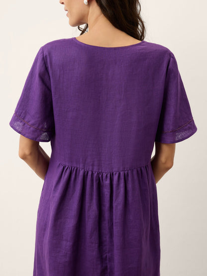 100% Linen Embroidered Cuff Split Neck Midi Dress OCTAVIA