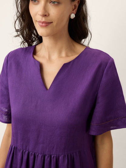 100% Linen Embroidered Cuff Split Neck Midi Dress OCTAVIA