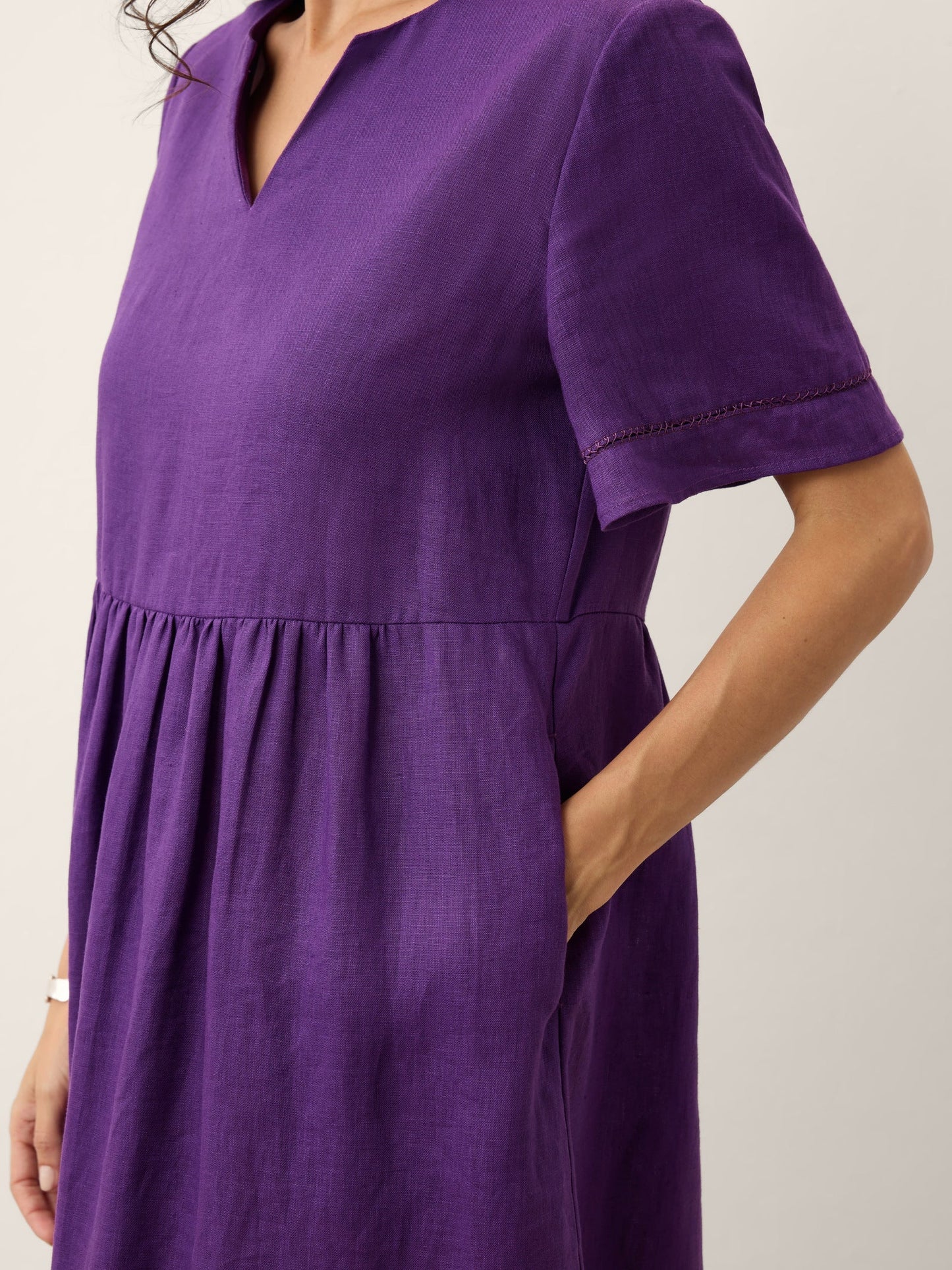 100% Linen Embroidered Cuff Split Neck Midi Dress OCTAVIA