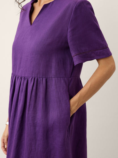 100% Linen Embroidered Cuff Split Neck Midi Dress OCTAVIA