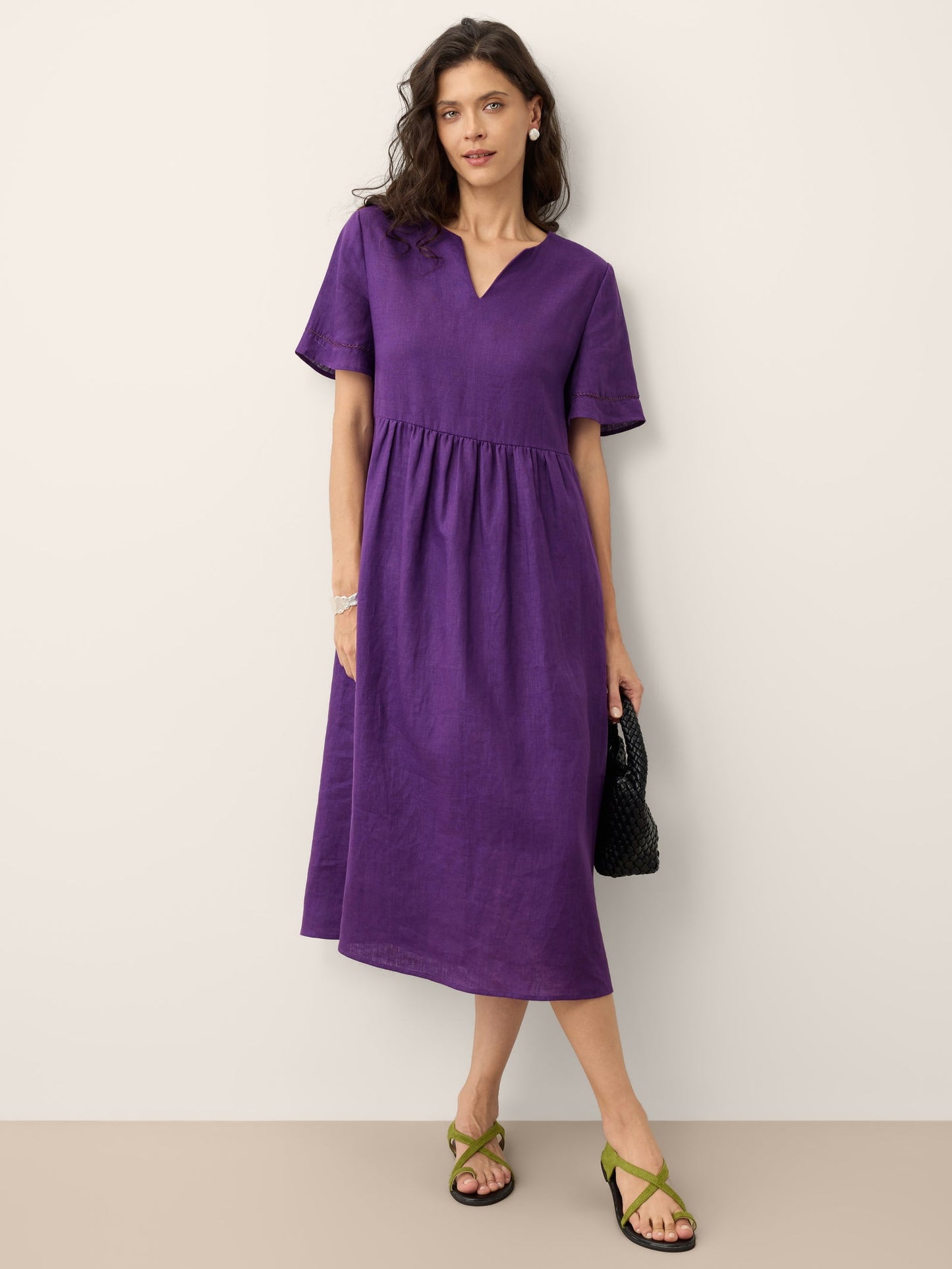 100% Linen Embroidered Cuff Split Neck Midi Dress OCTAVIA