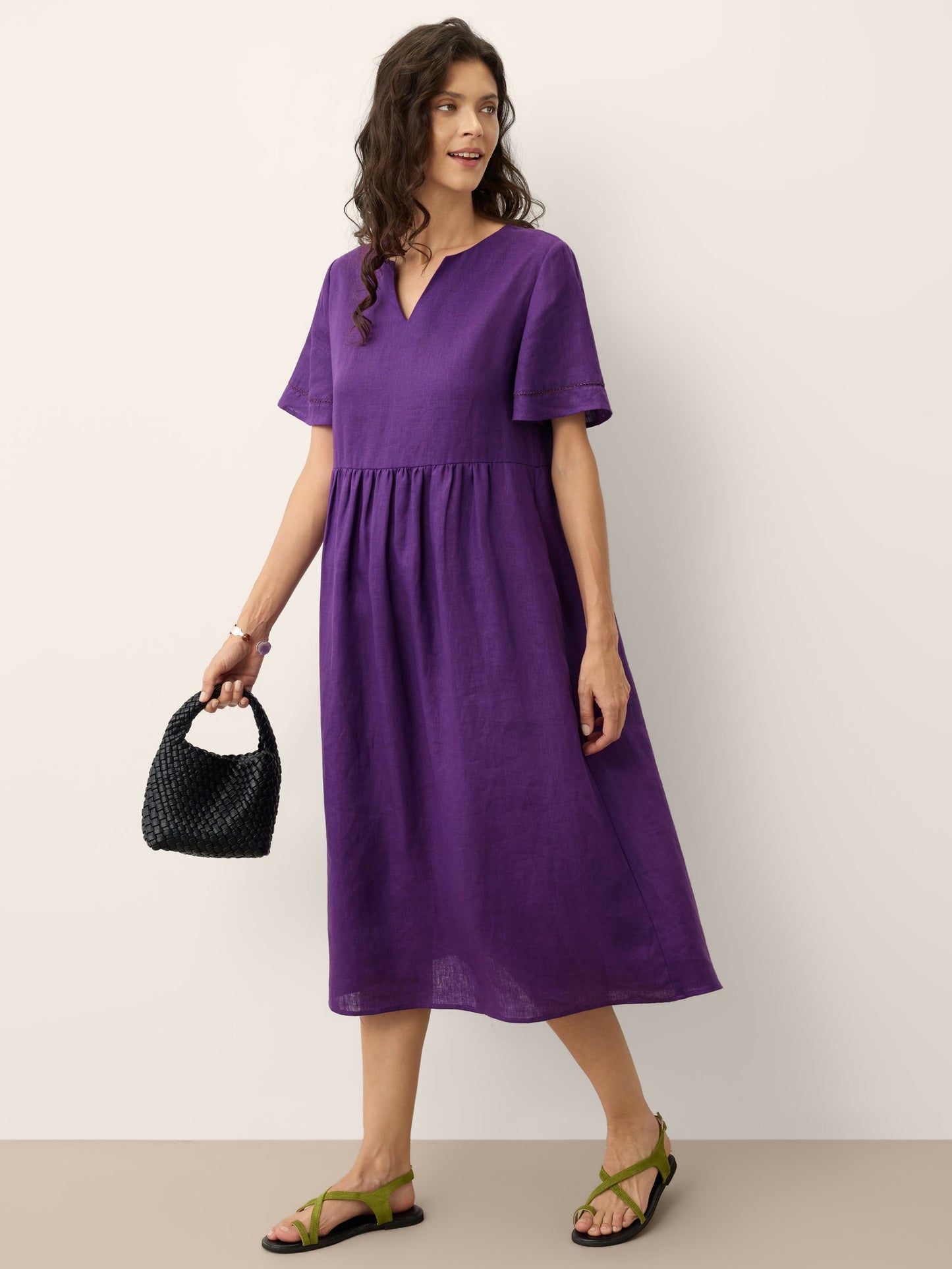 100% Linen Embroidered Cuff Split Neck Midi Dress OCTAVIA