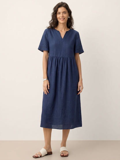 100% Linen Embroidered Cuff Split Neck Midi Dress OCTAVIA