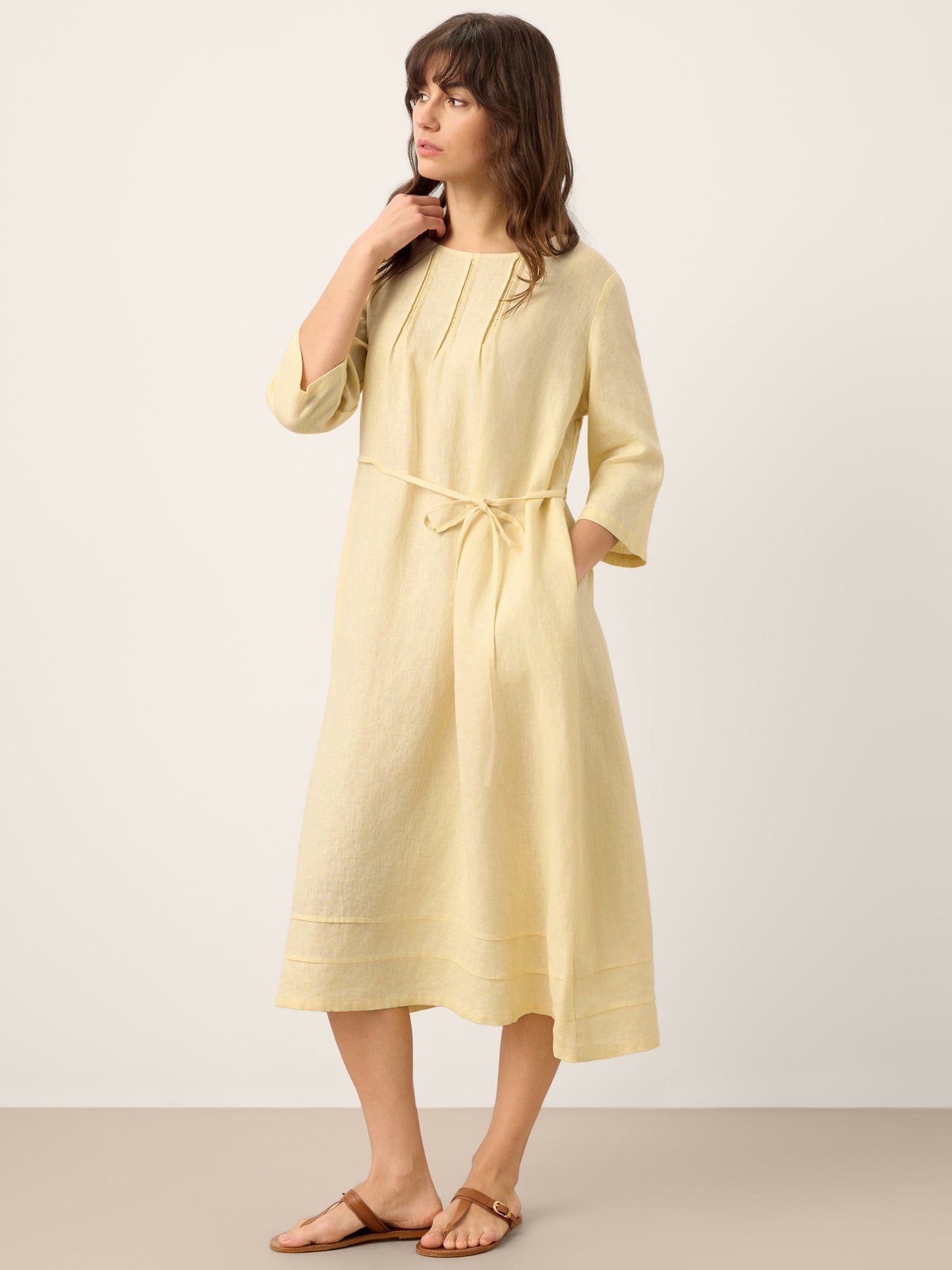 100% Linen Pintucked Embroidered Adjustable Belt Tiered Midi Dress VERENA