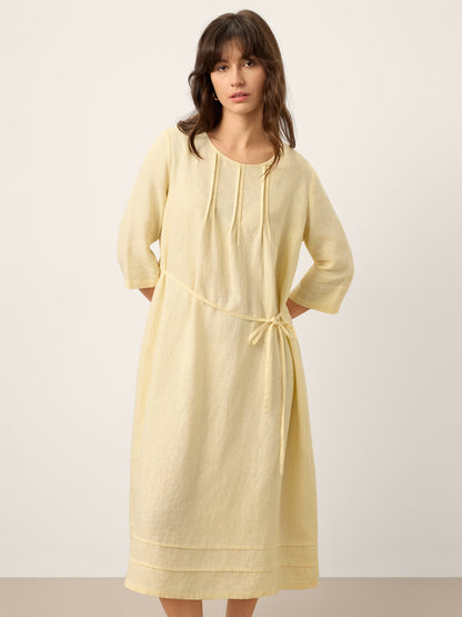 100% Linen Pintucked Embroidered Adjustable Belt Tiered Midi Dress VERENA