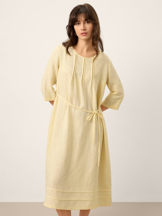 100% Linen Pintucked Embroidered Adjustable Belt Tiered Midi Dress VERENA