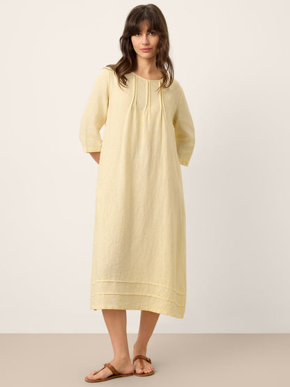 100% Linen Pintucked Embroidered Adjustable Belt Tiered Midi Dress VERENA