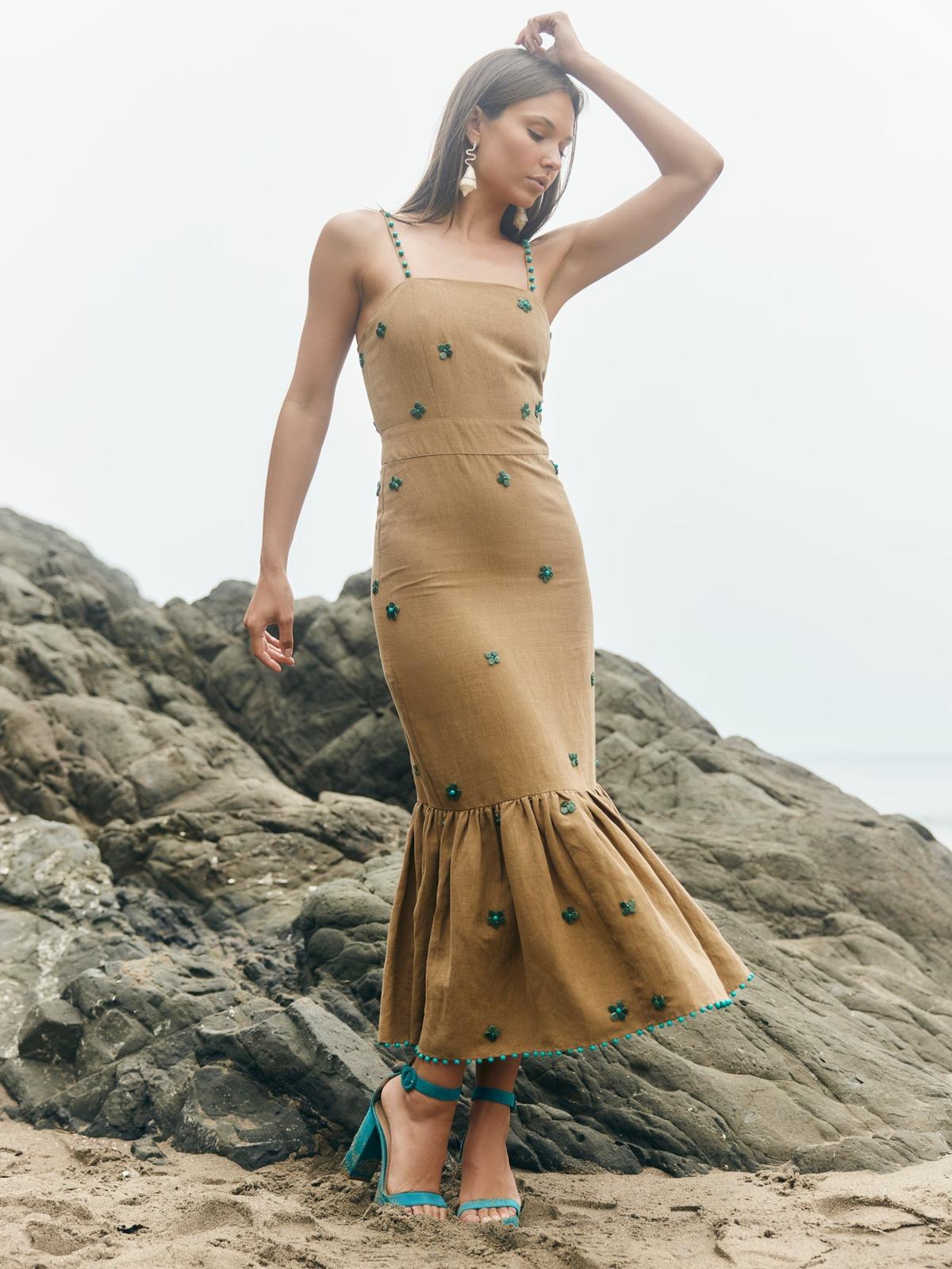 Desirae Midi Dress - Light Fawn & Emeralds - FINAL SALE