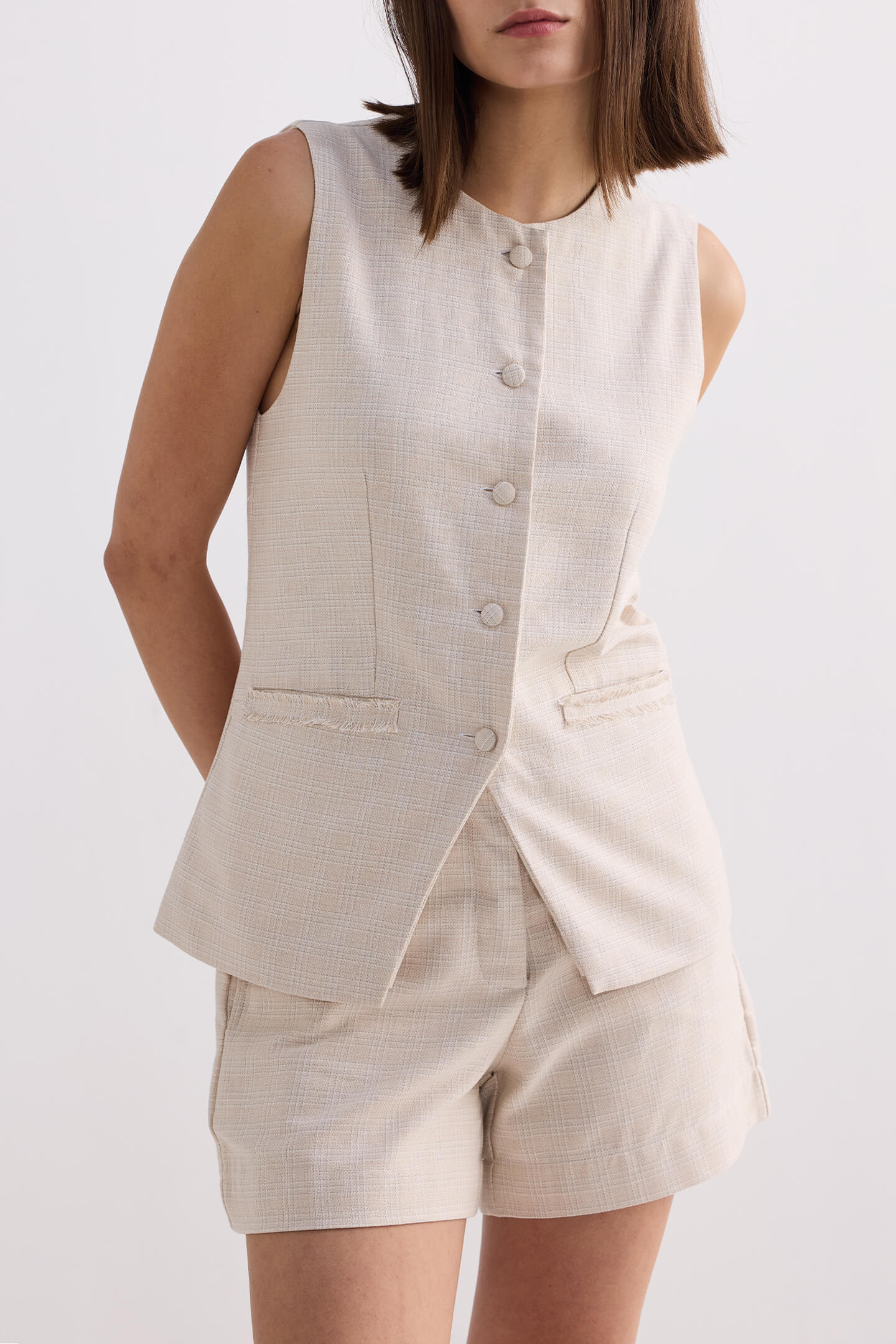 Pantalones cortos de tweed de algodón en color crema
