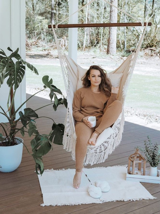 Silla hamaca colgante de ganchillo estilo boho blanco | NINA
