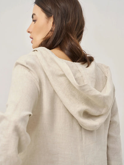 100% Linen Hooded Pullover Maxi Dress REBECCA