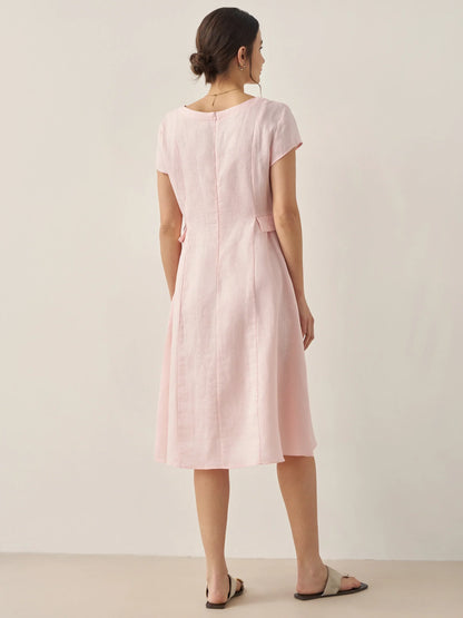 100% Linen Natural Summer V-Neck Dress ALEXA