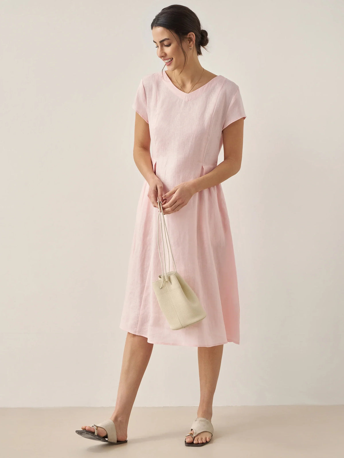 100% Linen Natural Summer V-Neck Dress ALEXA