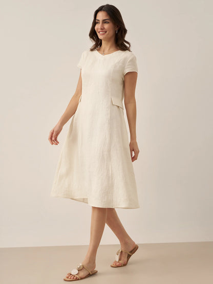 100% Linen Natural Summer V-Neck Dress ALEXA