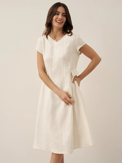 100% Linen Natural Summer V-Neck Dress ALEXA