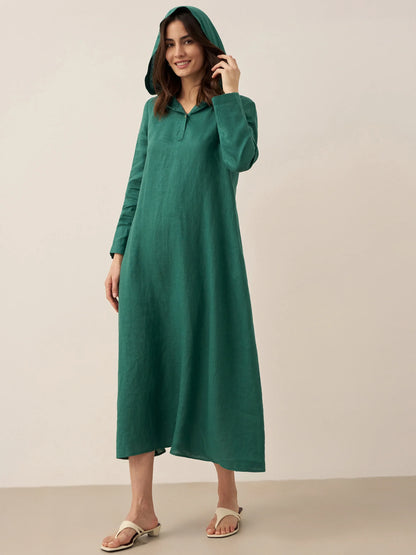 100% Linen Hooded Pullover Maxi Dress REBECCA