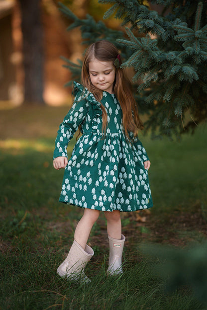 Recycled Cotton Snowy Pine Ruffle Dress
