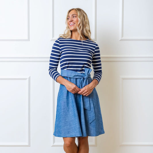 French Jersey Skater Dress 14 / Navy and White with Blue Chambray