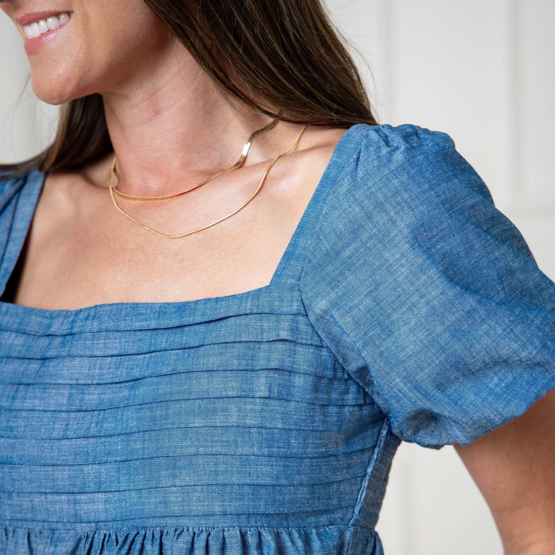 Hope & Henry Women's Organic Ruched Bodice Chambray Dress - Pleated Chambray
