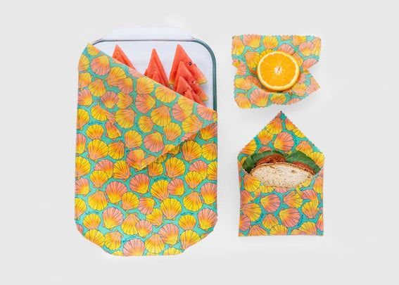 Meli Wraps Rollo a granel de envoltura de cera de abeja + juego de cubiertos con estampado de conchas marinas