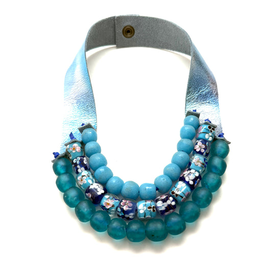 3 Strand Necklace - Blue Flowers