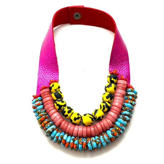3 Strand Necklace - Pink Blaze orange thread