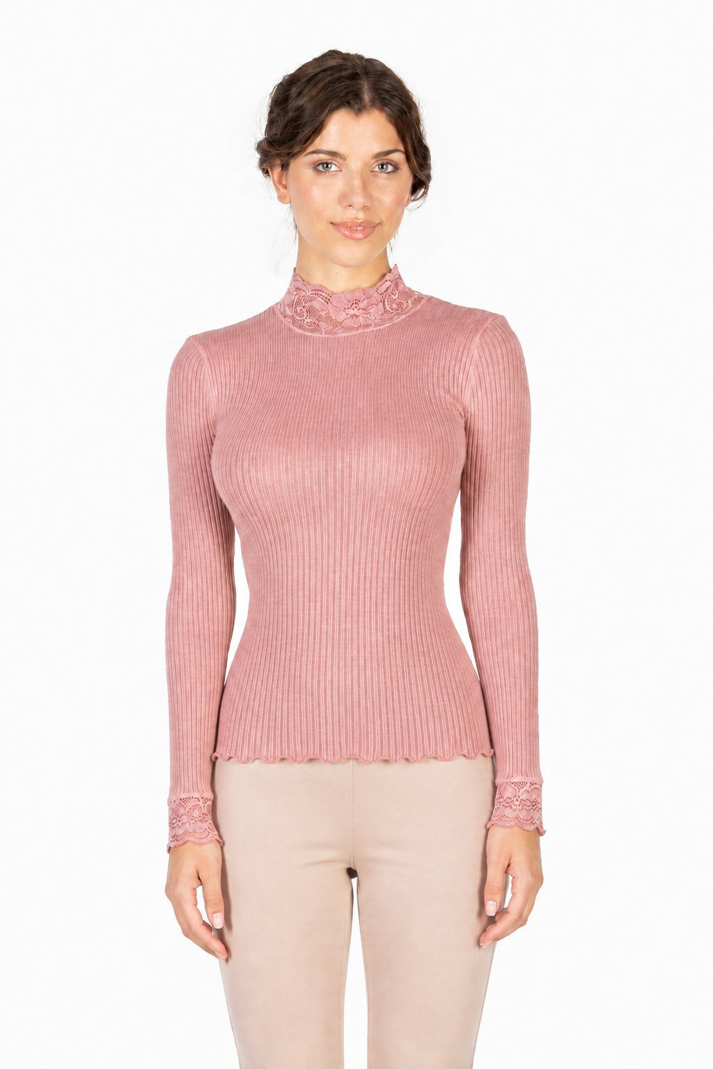 EGI Exclusive Collections Merino Wool Blend Top Mock Neck Lace Trim Long Sleeves. Proudly Made in Italy.