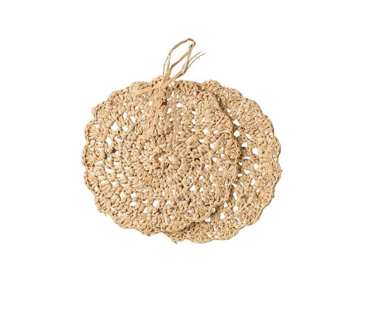 Crocheted Raffia Coasters - Handmade Boho Table Mats, Non-Slip & Heat Resistant Drink & Candle Coasters for Rustic & Decor