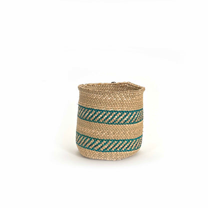 African Iringa woven basket with Turquoise Stripe