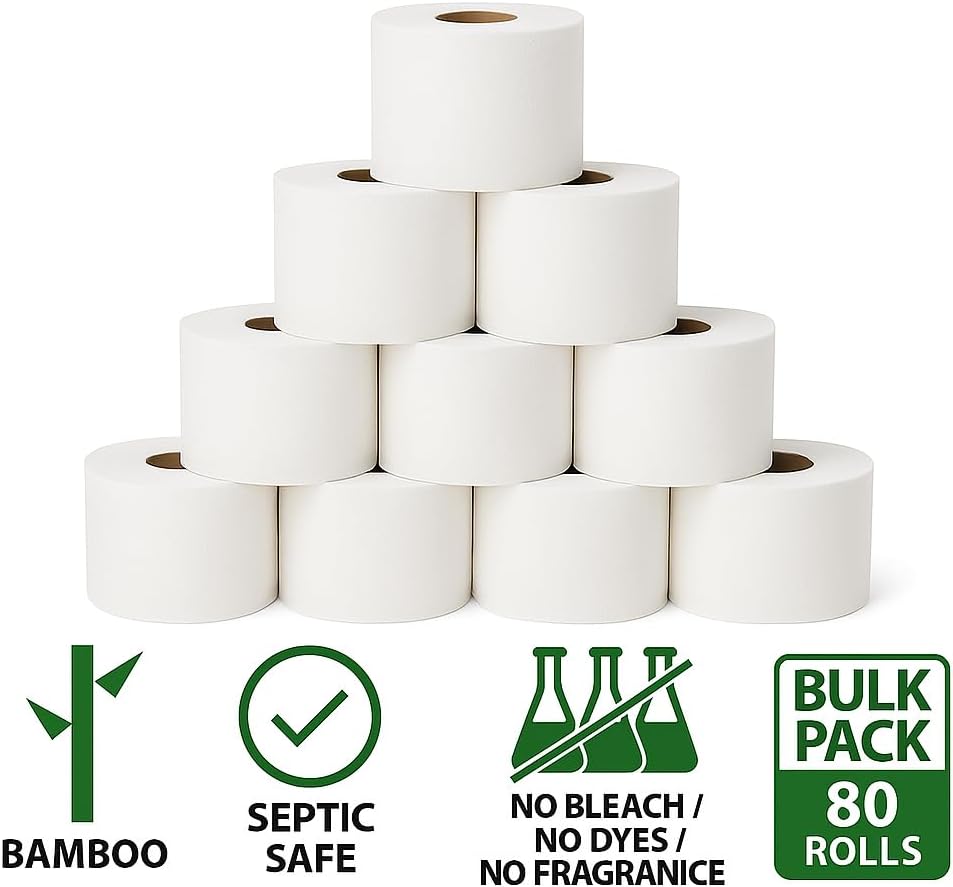 Papel higiénico de bambú: 80 rollos, 2 capas, 550 hojas. Suministro a granel para empresas, comercios y escuelas.