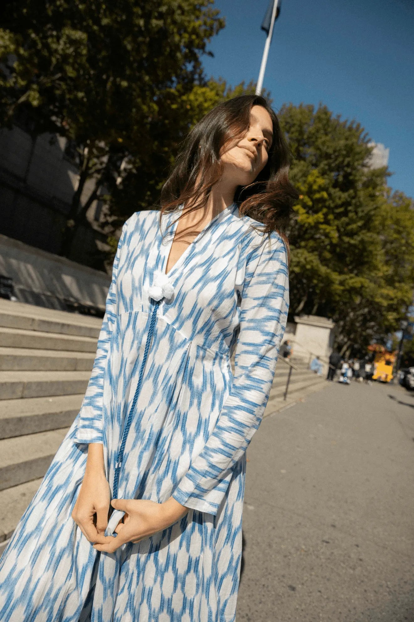 ikat design dresses White and Blue Handwoven Ikat Fit and Flare Dress