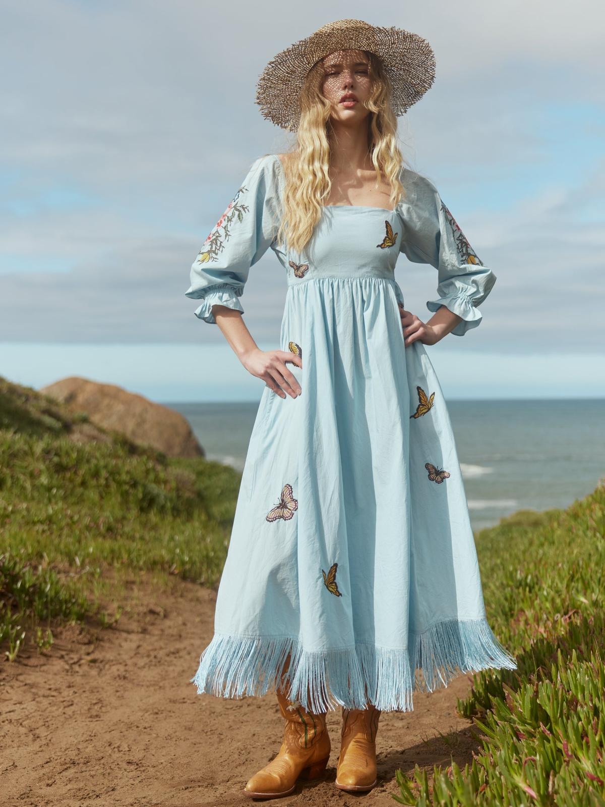 Jocelyn Puff Sleeve Fringe Dress - Light Prussian Blue/Multicolor Butterfly Embroidery - FINAL SALE