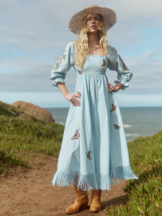 Jocelyn Puff Sleeve Fringe Dress - Light Prussian Blue/Multicolor Butterfly Embroidery - FINAL SALE
