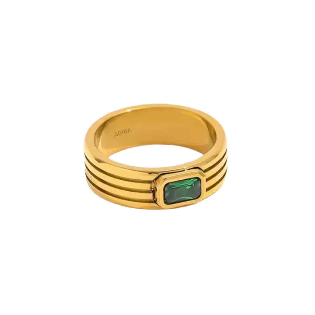 Anillo de acero inoxidable chapado en oro de 18k con piedra de cristal verde