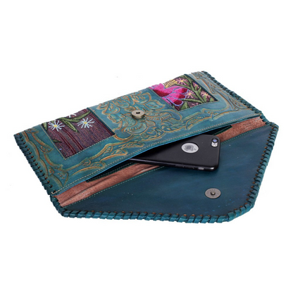 Leather Stamped Upcycled Zinacantan Clutch Bag - Mexico