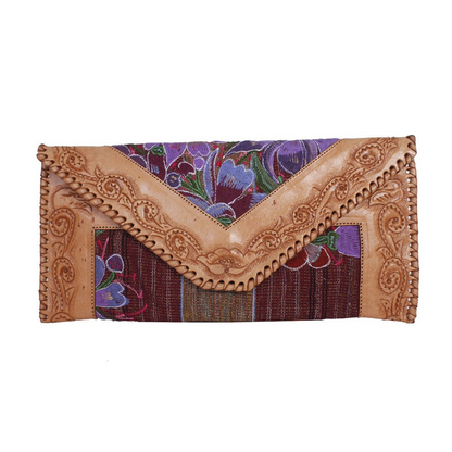 Leather Stamped Upcycled Zinacantan Clutch Bag - Mexico